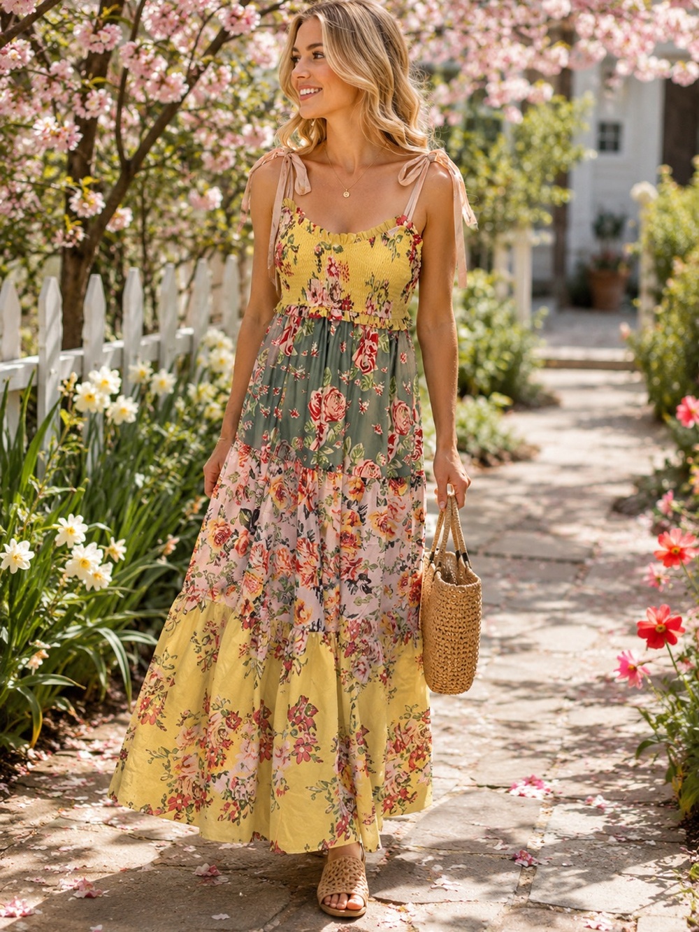 Floral Tiered Maxi Dress with Tie Straps - Yellow Multi